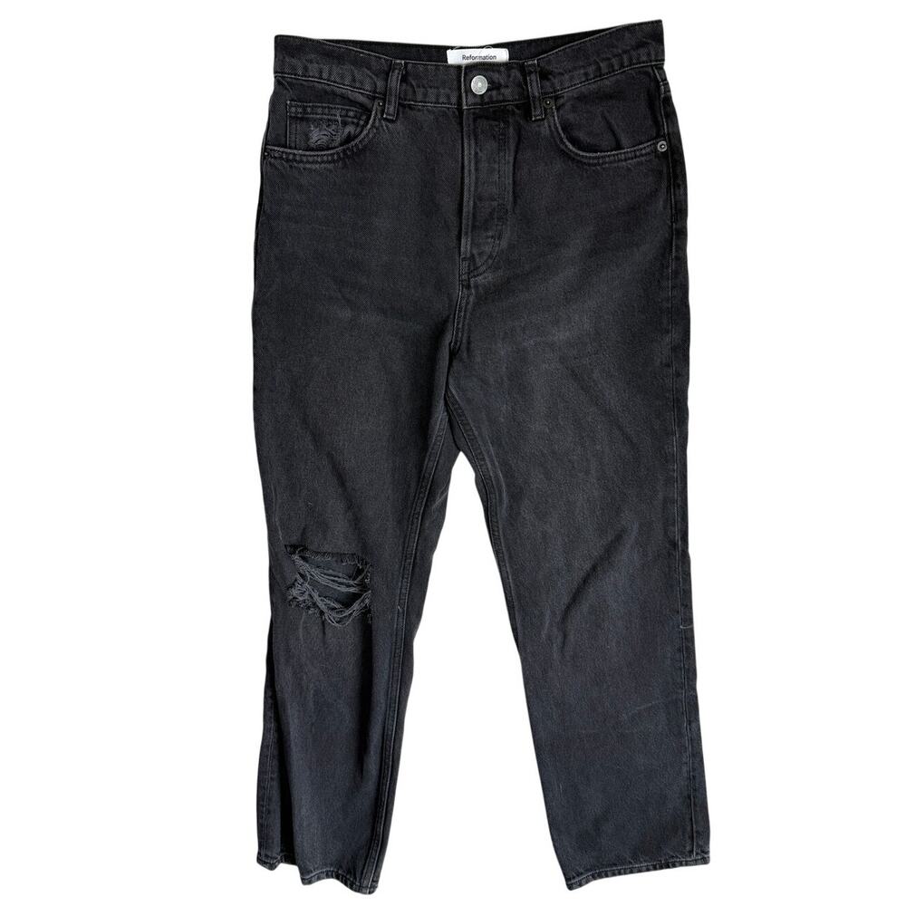 Reformation Cynthia High Rise Straight Leg Jeans Denim Black Distressed 28